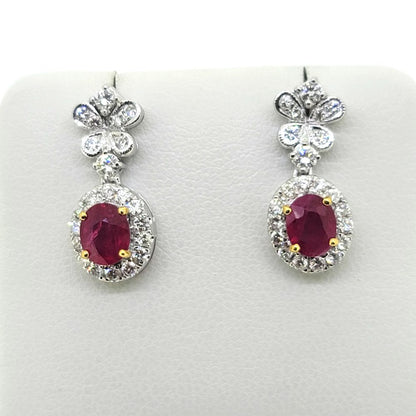 1.20ct Oval Ruby and Diamond Cluster Drop Earrings