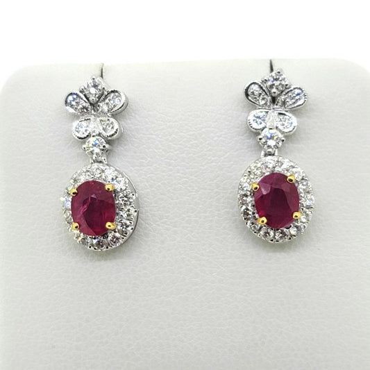 1.20ct Oval Ruby and Diamond Cluster Drop Earrings