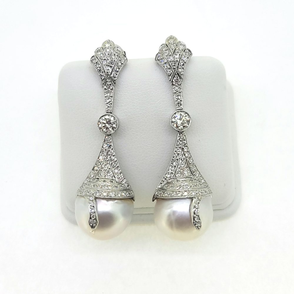 2ct Diamond and South Sea Pearl Drop Earrings, South Sea pearls with silver grey undertones suspended from decorative diamond tops in 18ct white gold