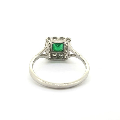 Edwardian Style Vintage Emerald and Diamond Cluster Ring in Platinum, Circa 1970s