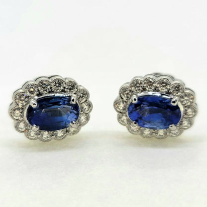 3.67ct Sapphire and Diamond Oval Cluster Stud Earrings in 18ct White Gold