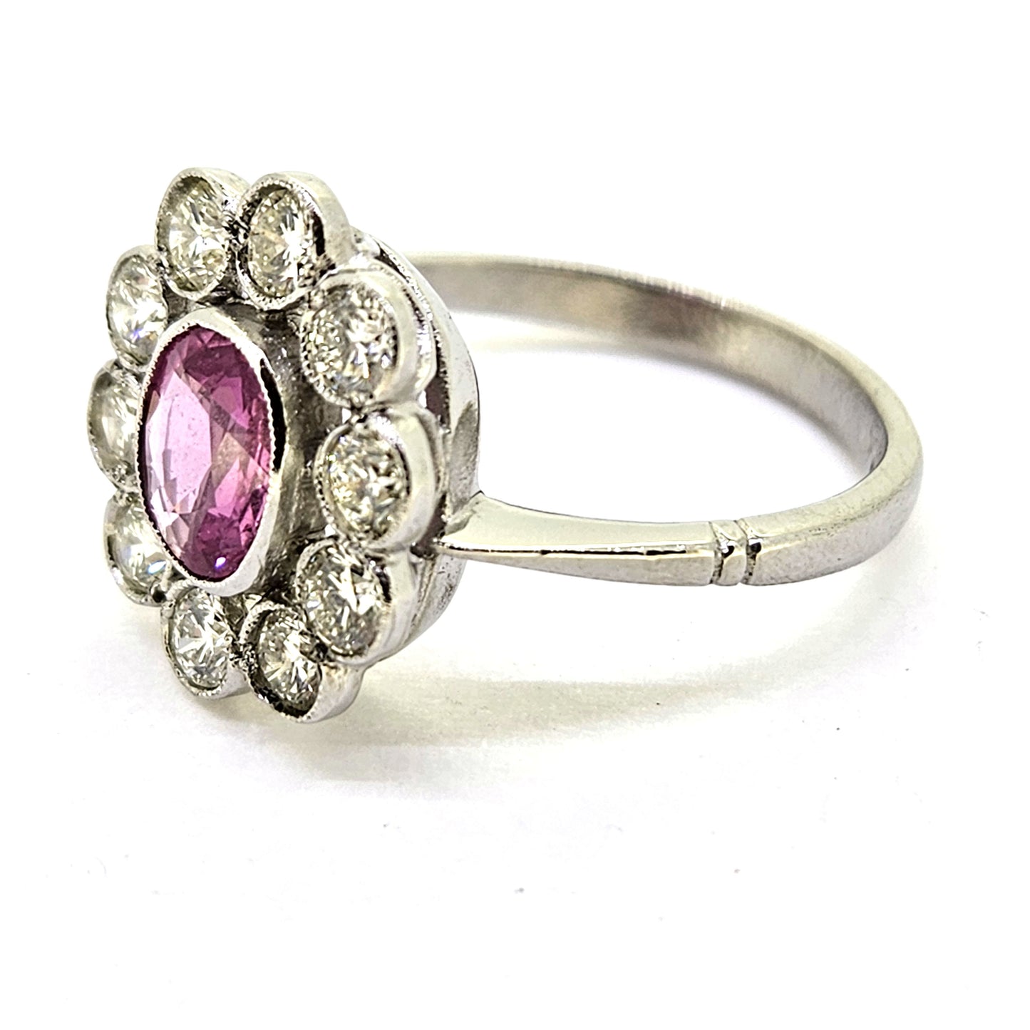 1ct Pink Sapphire and Diamond Daisy Flower Cluster Engagement Ring in Platinum