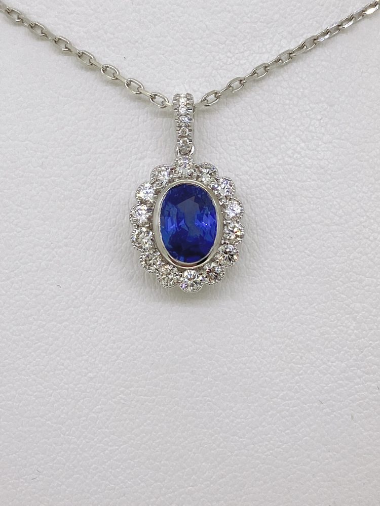1.75ct Oval Sapphire and Diamond Cluster Pendant and Chain