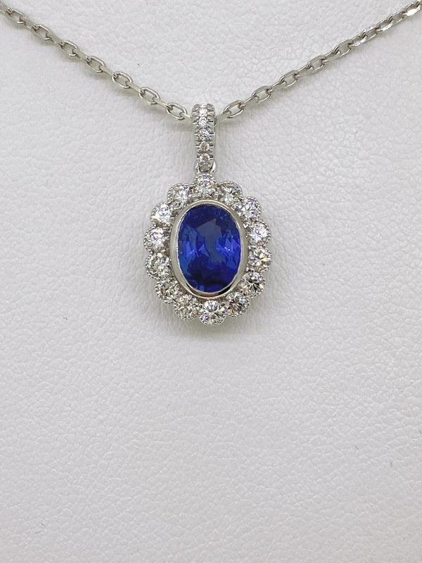 1.75ct Oval Sapphire and Diamond Cluster Pendant and Chain