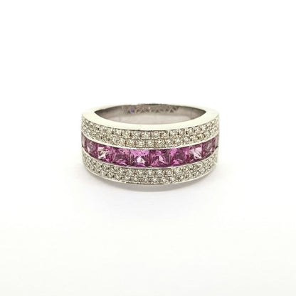 Princess Cut Pink Sapphire and Diamond Set Band Ring; central row of princess-cut pink sapphires flanked top and bottom by two rows of brilliant-cut diamonds, in 18ct white gold