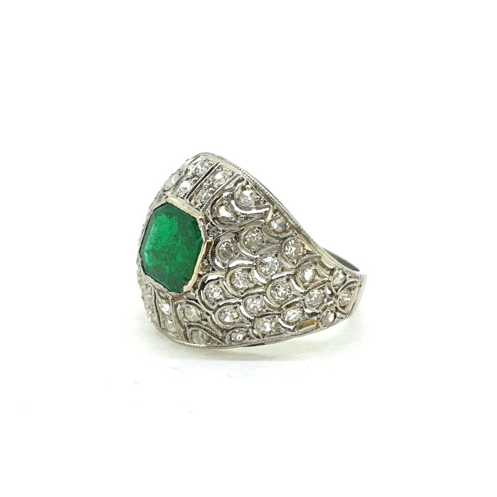Art Deco French Emerald and Diamond Bombe Ring