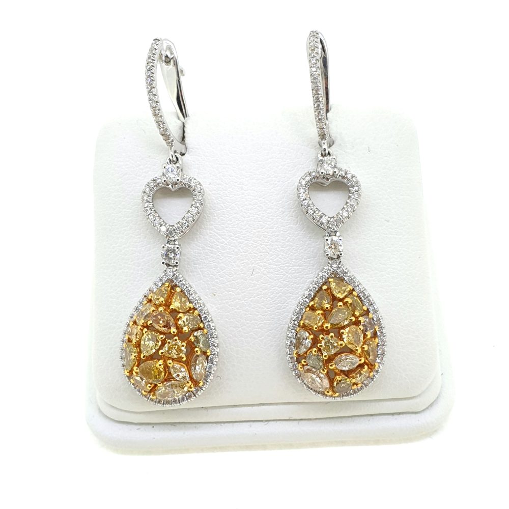 Yellow Diamond and White Diamond Drop Earrings, 3.61 carat total
