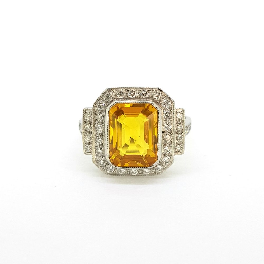 Art Deco Style 3.60ct Yellow Sapphire and Diamond Cluster Dress Ring in Platinum