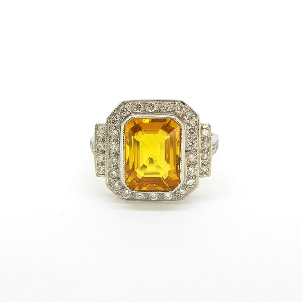 Art Deco Style 3.60ct Yellow Sapphire and Diamond Cluster Dress Ring in Platinum