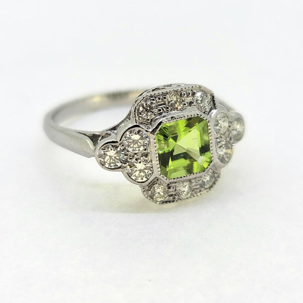 1ct Peridot and Diamond Cluster Ring in Platinum