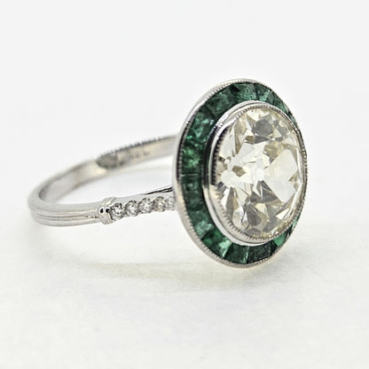 3.30ct Old Cut Diamond and Emerald Halo Cluster Engagement Ring