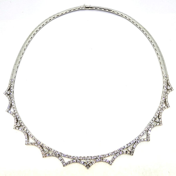 5cts Diamond Scalloped Edge Line Collar Necklace, 18ct white gold collar necklace featuring a central diamond line with outer diamond scallop edge border