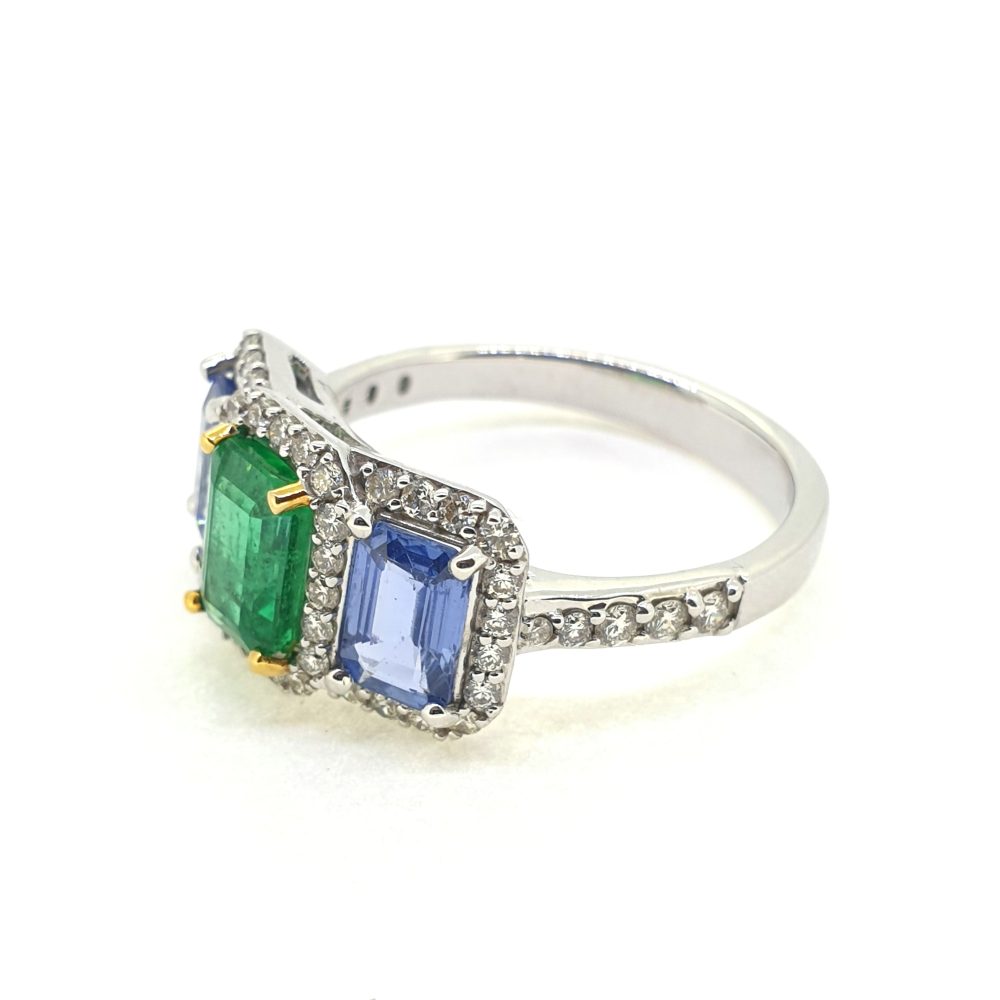 Emerald Sapphire and Diamond Three Stone Cluster Ring