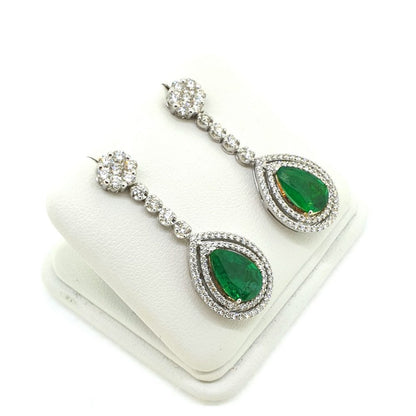 3.61ct Emerald and Diamond Pear Shaped Cluster Drop Earrings