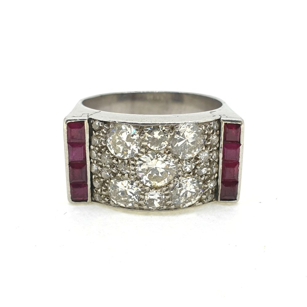 Vintage 1940s Retro 1.80ct Diamond and Ruby Tank Ring in Platinum