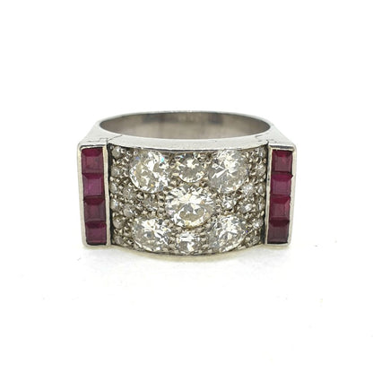 Vintage 1940s Retro 1.80ct Diamond and Ruby Tank Ring in Platinum