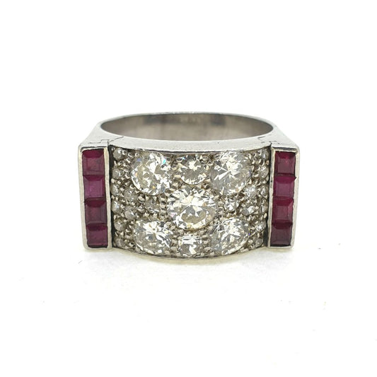 Vintage 1940s Retro 1.80ct Diamond and Ruby Tank Ring in Platinum