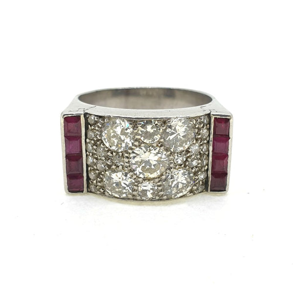Vintage 1940s Retro 1.80ct Diamond and Ruby Tank Ring in Platinum