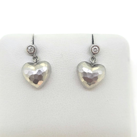 Vintage Tiffany and Co Paloma Picasso Gold Heart and Diamond Drop Earrings, 18ct white gold heart drop earrings each topped with single stone diamond solitaire