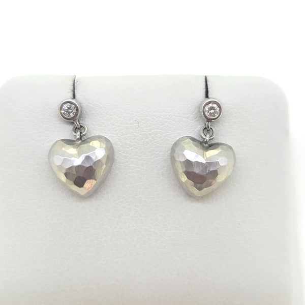 Vintage Tiffany and Co Paloma Picasso Gold Heart and Diamond Drop Earrings, 18ct white gold heart drop earrings each topped with single stone diamond solitaire