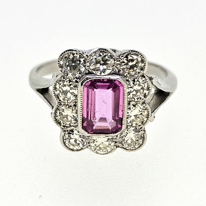1ct Pink Sapphire and Diamond Floral Cluster Engagement Ring in Platinum