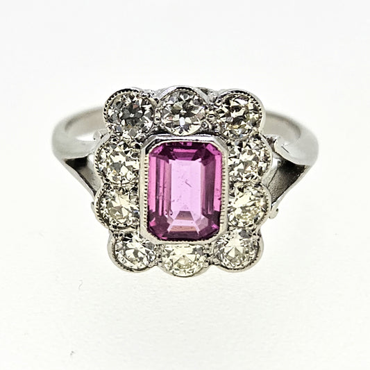 1ct Pink Sapphire and Diamond Floral Cluster Engagement Ring in Platinum