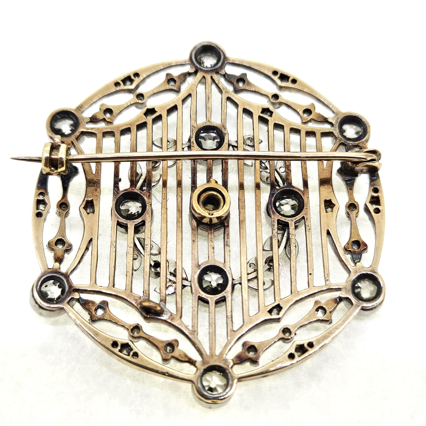 Antique Belle Epoque Diamond Circular Brooch in Platinum and Gold