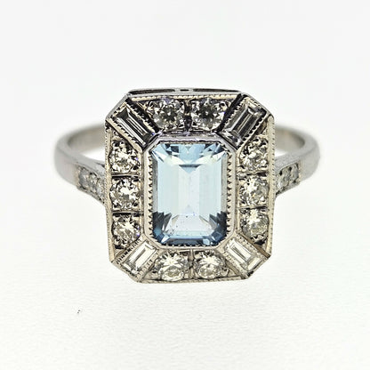 Aquamarine and Diamond Cluster Ring Aq1.0 D.50 Platinum