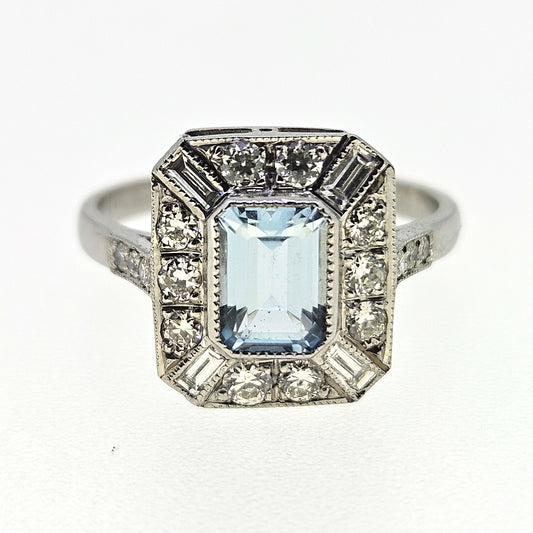 Aquamarine and Diamond Cluster Ring Aq1.0 D.50 Platinum