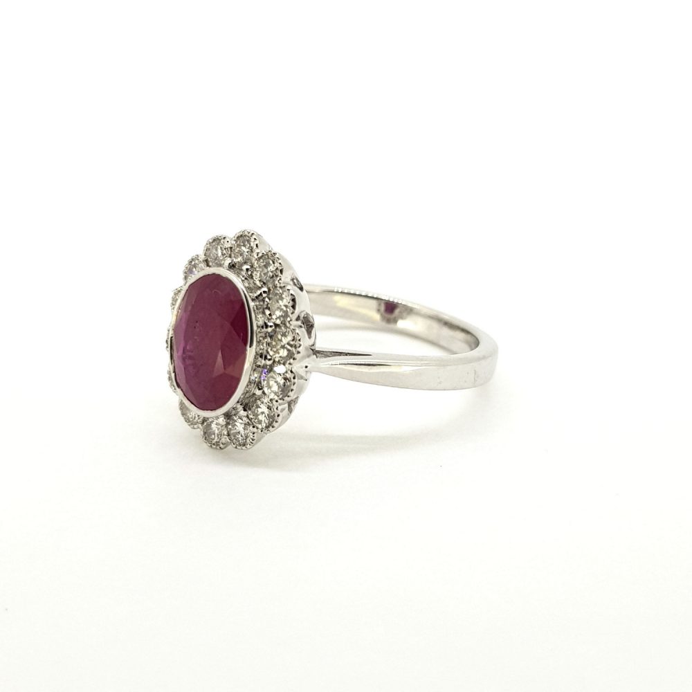 1.77ct Ruby and Diamond Oval Floral Cluster Ring in 18ct White Gold