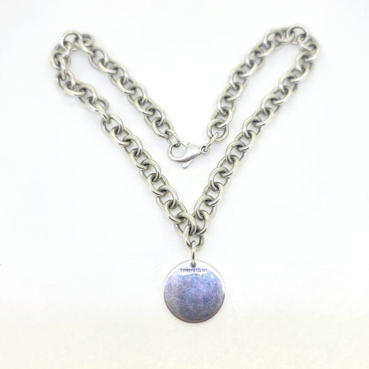 Vintage Tiffany and Co Silver Tag Chain Necklace, Return to... collection necklace with iconic blank circular tag charm. Hallmarked 2004