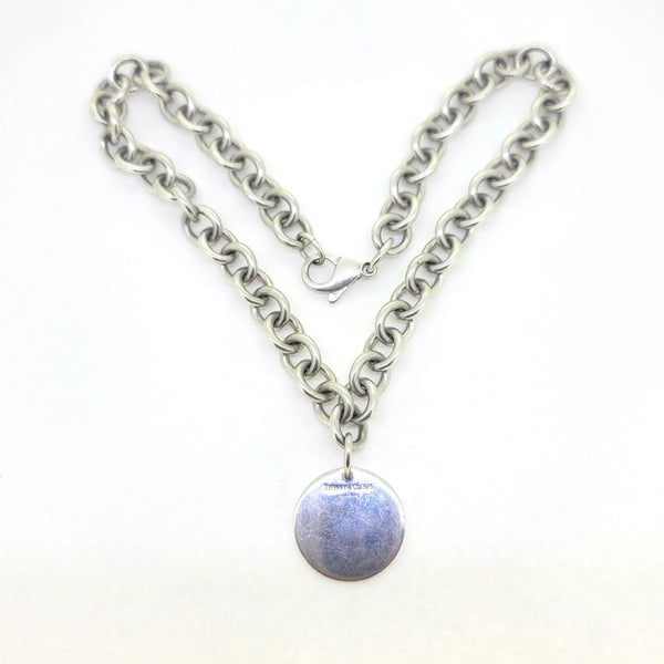 Vintage Tiffany and Co Silver Tag Chain Necklace, Return to... collection necklace with iconic blank circular tag charm. Hallmarked 2004