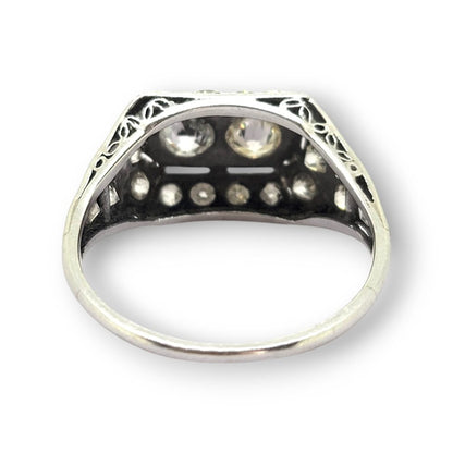 Art Deco Two Stone Cluster Diamond Ring in Platinum, two main diamonds set within a sparkling diamond frame in platinum