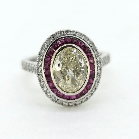1.51ct Fancy Yellow Diamond and Ruby Cluster Ring in Platinum