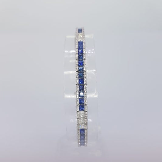 Princess Cut Sapphire and Diamond Line Bracelet in 18ct white gold. Sapphires 7.03 carats. Diamonds 2.21 carats