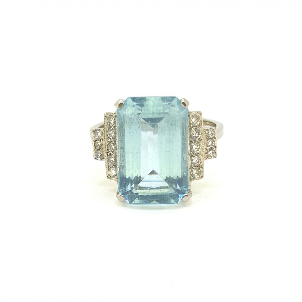 6.20ct Rectangular Step Cut Aquamarine and Diamond Dress Ring
