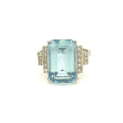 6.20ct Rectangular Step Cut Aquamarine and Diamond Dress Ring