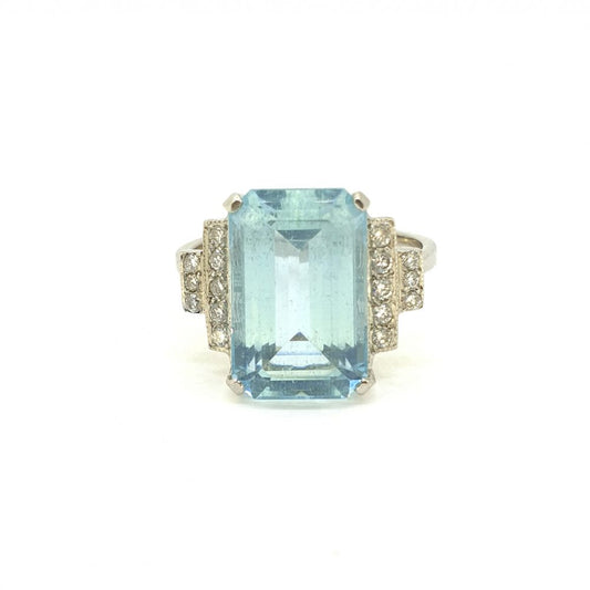 6.20ct Rectangular Step Cut Aquamarine and Diamond Dress Ring