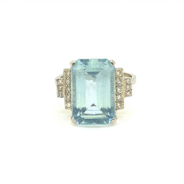 6.20ct Rectangular Step Cut Aquamarine and Diamond Dress Ring