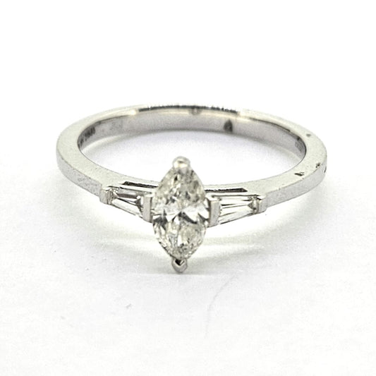 Marquise Cut Diamond Solitaire Engagement Ring with Baguette Shoulders