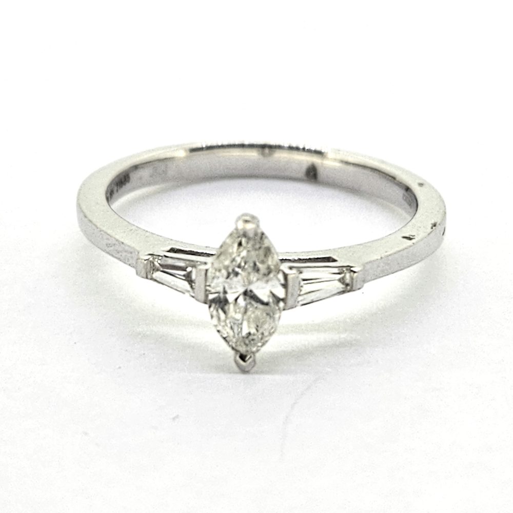 Marquise Cut Diamond Solitaire Engagement Ring with Baguette Shoulders