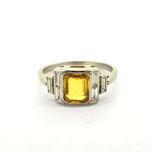 1.40ct Emerald Cut Yellow Sapphire and Diamond Ring in 18ct White Gold