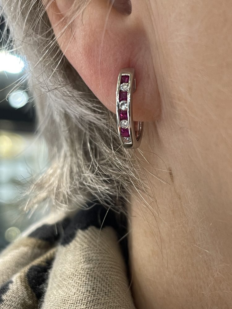 Princess Cut Ruby and Diamond Huggy Hoop Earrings in 18ct White Gold