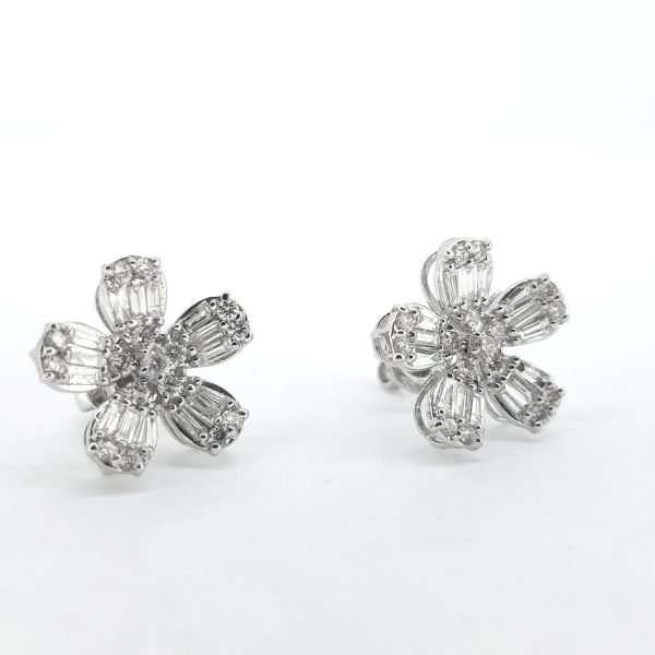 Baguette Cut Diamond Flower Earrings, 1.60 carat total