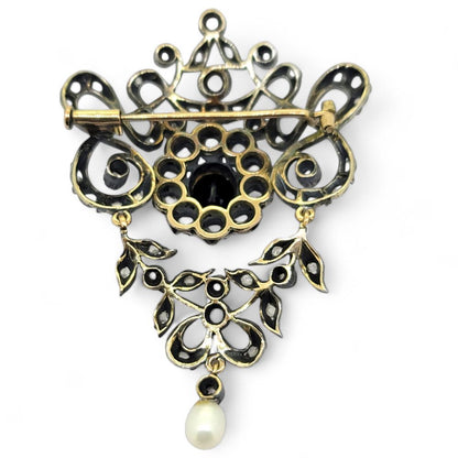 Victorian Antique Rose Cut Diamond and Sapphire Brooch in Silver, central blue sapphire surrounded by rose-cut diamonds suspending a pearl pendant drop