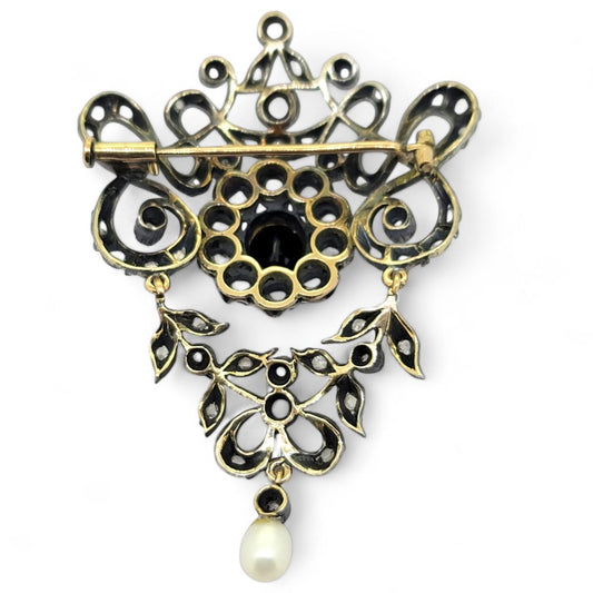 Victorian Antique Rose Cut Diamond and Sapphire Brooch in Silver, central blue sapphire surrounded by rose-cut diamonds suspending a pearl pendant drop