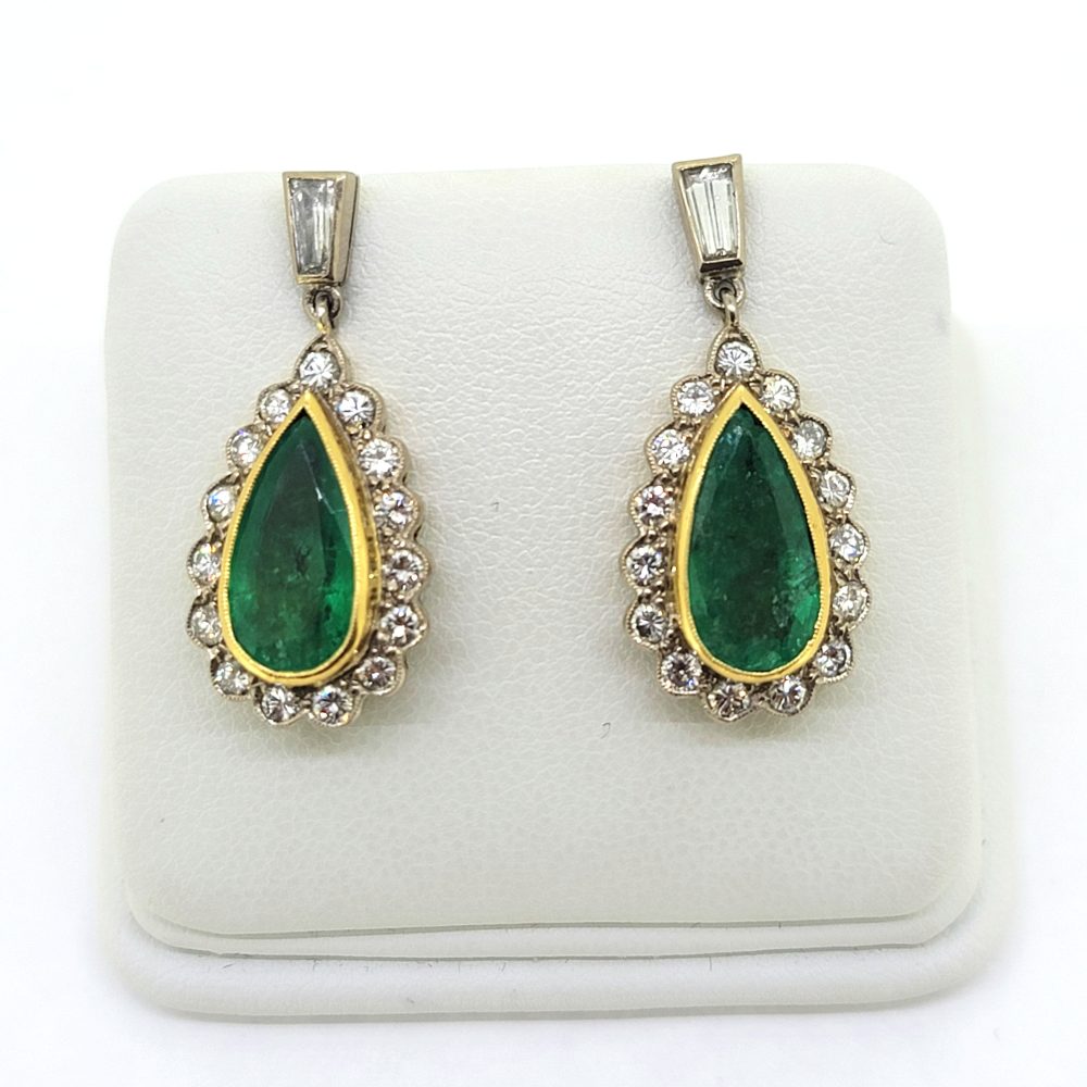 Vintage 2.50ct Pear Cut Emerald and 2ct Diamond Cluster Drop Earrings in 18ct yellow gold. Circa 1989