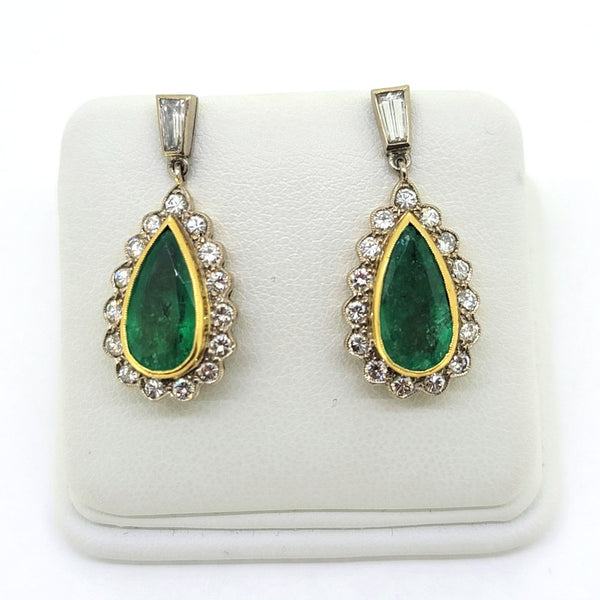 Vintage 2.50ct Pear Cut Emerald and 2ct Diamond Cluster Drop Earrings in 18ct yellow gold. Circa 1989
