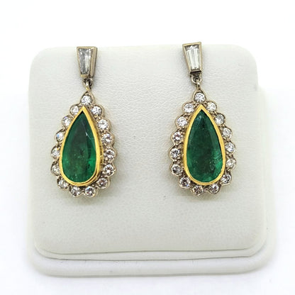 Vintage 2.50ct Pear Emerald and Diamond Cluster Drop Earrings