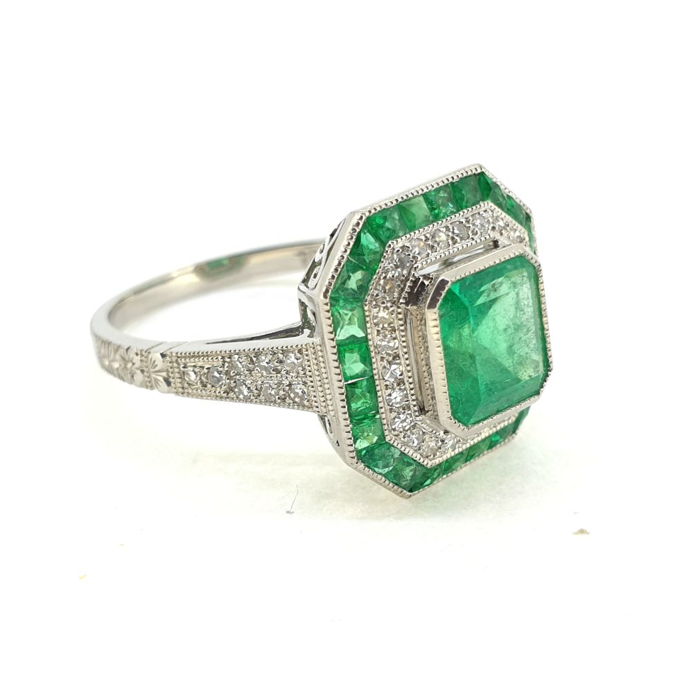 1.22ct Colombian Emerald and Diamond Double Cluster Dress Ring